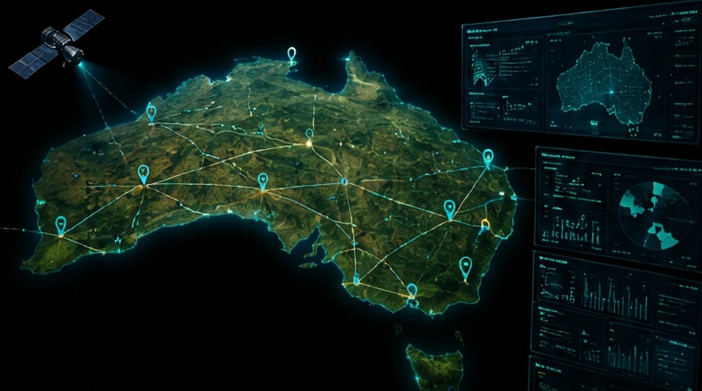 Satellite view of Australia with geospatial network connectivity overlays